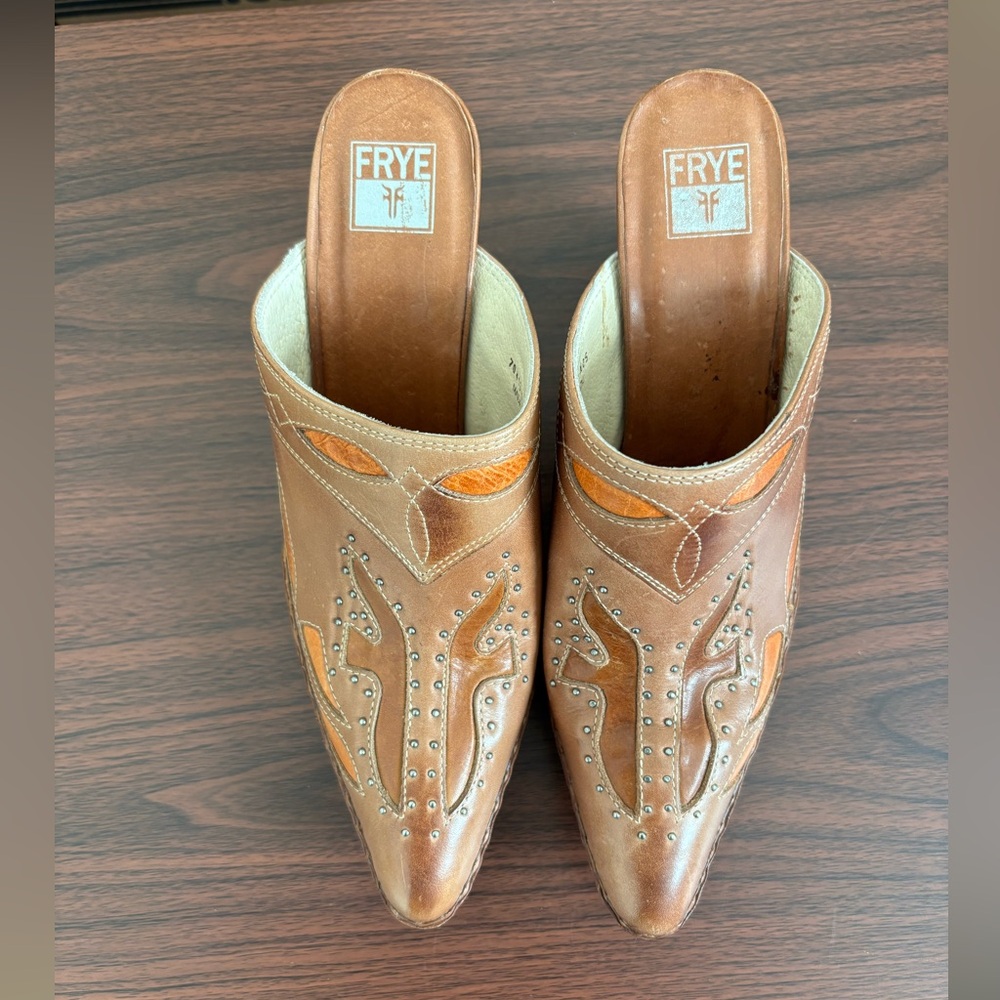 Frye Brown Leather Studded Pointed-Toe Mules